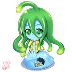  1girl ahoge asphyxiation black_hair blue_skin butter-t chibi drowning full_body goo_girl green_eyes green_hair kurusu_kimihito long_hair monster_girl monster_musume_no_iru_nichijou navel raincoat shadow short_hair signature simple_background submerged suu_(monster_musume) tentacle_hair white_background 