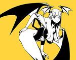  1zu3 bangs bare_shoulders bat_wings bent_over blunt_bangs breasts cleavage collaboration demon_girl demon_wings hand_on_own_ass hanging_breasts head_wings high_contrast large_breasts leotard long_hair monochrome morrigan_aensland pantyhose pointy_ears simple_background solo succubus thick_thighs thighs vampire_(game) wings yellow_background 