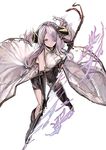  bare_shoulders blue_eyes boots draph fingerless_gloves gloves granblue_fantasy hair_over_one_eye horns katana lavender_hair narmaya_(granblue_fantasy) samuraig single_thighhigh solo sword thighhighs weapon 