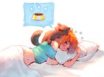  &gt;_&lt; :3 :d aqua_shirt artist_name bare_shoulders bed_sheet blanket bottomless bowl brown_fur cat cat_food caucasian chromatic_aberration closed_eyes food freckles groin lying midriff nana_nakano navel non-asian off_shoulder on_bed on_person open_mouth original parted_lips pet_bowl pillow red_eyes red_hair shirt short_sleeves simple_background smile solo speech_bubble spoken_food stomach toon white_background 