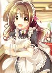  :d alternate_costume apron blush brown_eyes brown_hair commentary_request enmaided honda_mio idolmaster idolmaster_cinderella_girls long_hair looking_at_viewer maid maid_headdress ment multiple_girls one_side_up open_mouth shimamura_uzuki smile solo_focus twirling_arms when_you_see_it 