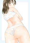  ass bare_arms bare_shoulders blue_border blush border breasts brown_eyes brown_hair cowboy_shot expressionless from_behind hair_ornament hairclip looking_at_viewer looking_back medium_breasts original panties r35_(artist) short_hair sideboob sidelocks simple_background solo standing tank_top underwear undressing white_background white_panties 