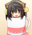  :d animal_ears black_hair blush chibi commentary_request cup haruna_(kantai_collection) headgear ichikawa_noa in_container in_cup kantai_collection kemonomimi_mode looking_at_viewer mug open_mouth smile solo yellow_eyes 