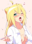  1girl ahoge blonde_hair blush breasts cleavage collarbone green_eyes hacka_doll hacka_doll_1 heart highres long_hair looking_at_viewer medium_breasts mijinko_(rioriorio) nipples one_eye_closed open_mouth pov suggestive_fluid teeth tongue tongue_out toothbrush 
