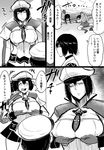  4girls admiral_(kantai_collection) bifidus breast_hold breasts capelet clinging comic commentary_request cosplay graf_zeppelin_(kantai_collection) graf_zeppelin_(kantai_collection)_(cosplay) greyscale hair_ribbon hat hatsuyuki_(kantai_collection) hyuuga_(kantai_collection) iron_cross ise_(kantai_collection) japanese_clothes kantai_collection large_breasts lying midriff miniskirt monochrome multiple_girls necktie on_stomach ribbon school_uniform serafuku short_hair skirt tongue tongue_out translated water 