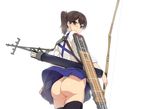  ass black_legwear blush bow_(weapon) brown_eyes brown_hair commentary_request from_behind japanese_clothes kaga_(kantai_collection) kantai_collection long_hair looking_back munashi_mujou muneate side_ponytail skirt skirt_lift solo thighhighs upskirt weapon wind wind_lift 