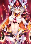  al_bhed_eyes arm_at_side ass_visible_through_thighs bangs between_breasts black_sclera blonde_hair bra breasts cameltoe closed_mouth code_maya cowboy_shot detached_collar detached_sleeves electricity elsword fi-san frown gloves glowing glowing_eyes gradient_eyes hat highres large_breasts long_hair looking_at_viewer mecha_musume midriff multicolored multicolored_eyes multicolored_hair navel necktie orange_hair panties red_background robot shiny shiny_skin short_necktie silver_hair solo spread_fingers thigh_gap underboob underwear yellow_eyes 