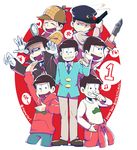  alternate_costume anger_vein arm_up beamed_eighth_notes bowl_cut brown_hair capelet cigar clothes_around_waist costume deerstalker detective f6 fang fangs formal gloves gun hat heart heart_in_mouth hood hoodie index_finger_raised jacket_around_waist jumpsuit long_sleeves male_focus matsuno_osomatsu mone_(14ri0000) multiple_boys multiple_persona musical_note one_eye_closed osomatsu-kun osomatsu-san peaked_cap police police_uniform shaded_face sheeeh! smile spoken_anger_vein spoken_heart spoken_musical_note suit twitter_username uniform vampire_costume weapon white_gloves wiping_nose 