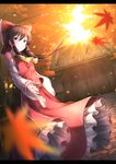  absurdres ascot autumn_leaves bow brown_eyes brown_hair detached_sleeves hair_bow hair_tubes hakurei_reimu highres long_hair looking_at_viewer midriff navel rerrere solo sunset touhou wind 