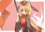  animal_ears bad_id bad_pixiv_id black_dress blush breasts chinese_clothes dress energy flag flagpole fox_ears fox_tail hat highres junko_(touhou) large_breasts long_hair long_sleeves multiple_tails pink_background purple_eyes ribbon solo tabard tail tongue touhou varyu very_long_hair wide_sleeves 