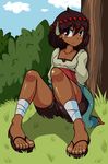  ajna_(indivisible) ankle_wrap average-hanzo beads bike_shorts brown_hair commentary dark_skin english_commentary feet hair_ornament indivisible jewelry sandals short_hair solo toenails toes 