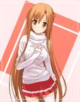  asuna_(sao) brown_eyes brown_hair commentary_request hand_on_own_chest ichikawa_noa long_hair looking_at_viewer skirt smile solo sweater sword_art_online thighhighs very_long_hair white_legwear zettai_ryouiki 