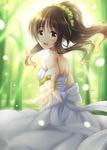  :d blush brown_eyes brown_hair dress flower hair_flower hair_ornament idolmaster idolmaster_cinderella_girls long_hair looking_at_viewer looking_back ment open_mouth outstretched_arm outstretched_hand ponytail smile solo takamori_aiko 