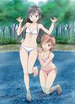  barefoot bikini black_hair blue_eyes breasts brown_eyes brown_hair day forest front-tie_bikini front-tie_top hair_bun kneeling long_hair medium_breasts multiple_girls nature navel nemuneno one_eye_closed outdoors partially_submerged pink_bikini short_hair side-tie_bottom small_breasts swimsuit toes tree water white_bikini yahari_ore_no_seishun_lovecome_wa_machigatteiru. yuigahama_yui yukinoshita_yukino 