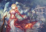  aestus_estus ahoge azomo blonde_hair breasts cleavage colosseum cowboy_shot dress epaulettes fate/extra fate_(series) green_eyes hair_ribbon highres medium_breasts nero_claudius_(fate) nero_claudius_(fate)_(all) outstretched_arm planted_sword planted_weapon red_dress ribbon solo_focus sword weapon wind 