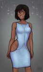  alternate_hair_length alternate_hairstyle avatar_(series) black_hair blue_dress blue_eyes blush breasts cowboy_shot dark_skin dress groin hip_vent iahfy korra medium_breasts mole no_panties pearl revealing_clothes side_cutout sleeveless sleeveless_dress smile solo sparkle_print the_legend_of_korra 