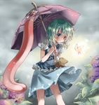  alternate_hairstyle bangs blue_eyes blue_hair blue_skirt blurry blush bokeh bug butterfly commentary_request cross-laced_clothes depth_of_field flower frills geta green_hair grey_sky heterochromia holding holding_umbrella hydrangea insect karakasa_obake leaning_forward motion_lines outdoors puffy_short_sleeves puffy_sleeves red_eyes seidou_(tukinomiyako) short_hair short_sleeves short_twintails skirt sky solo tatara_kogasa tongue touhou twintails umbrella upskirt vest 