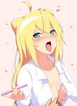  1girl ahoge blonde_hair blush breasts cleavage collarbone green_eyes hacka_doll hacka_doll_1 heart highres long_hair looking_at_viewer medium_breasts mijinko_(rioriorio) open_mouth pov teeth tongue tongue_out toothbrush 