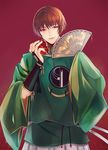  bad_id bad_pixiv_id blue_eyes bridal_gauntlets brown_hair coconut_(15374862) fan folding_fan food fruit ishikirimaru japanese_clothes male_focus pomegranate smile solo touken_ranbu 