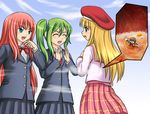  3girls erika_(shukushou_gakuen) giantess long_hair multiple_girls ookiku_narue school_uniform shukushou_gakuen side_ponytail stomach vice_director_(shukushou_gakuen) vore 