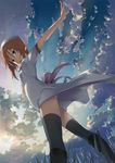  black_legwear blue_eyes cloud cover dress ekusa_takahito game_cover hat highres higurashi_no_naku_koro_ni official_art orange_hair outstretched_arms ryuuguu_rena sky solo spread_arms thighhighs 