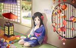  artist_request black_hair hair_ornament idolmaster idolmaster_cinderella_girls idolmaster_cinderella_girls_starlight_stage japanese_clothes jpeg_artifacts juban kimono long_hair momoi_azuki official_art origami paper_balloon paper_crane solo star tabi 