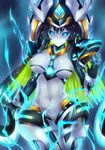  android arm_at_side bangs between_breasts black_hair black_sclera blue_background blue_eyes blue_hair breasts cameltoe code_maya cowboy_shot detached_collar detached_sleeves electricity elsword fi-san gloves glowing glowing_eyes gradient_eyes green_hair hat highres long_hair looking_at_viewer mecha_musume multicolored multicolored_eyes multicolored_hair necktie no_mouth robot short_necktie simple_background solo spread_fingers thigh_gap white_background 