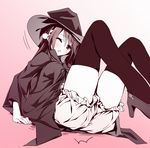  alternate_costume black_eyes black_hair black_legwear blush commentary_request haruna_(kantai_collection) hat high_heels ichikawa_noa kantai_collection knees_up long_hair male_focus monochrome one_eye_closed open_mouth solo witch_hat 