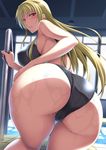  ass ass_focus back bare_shoulders black_swimsuit blonde_hair blush breasts cameltoe close-up competition_swimsuit covered_nipples fate_testarossa ishigaki_takashi kneeling large_breasts lips long_hair looking_at_viewer looking_back lyrical_nanoha mahou_shoujo_lyrical_nanoha_vivid one-piece_swimsuit parted_lips partially_visible_vulva pool pool_ladder poolside red_eyes shiny shiny_clothes shiny_hair sidelocks solo swimsuit tile_floor tiles translucent_hair water wedgie wet window 