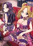  aikatsu! aikatsu!_(series) black_hair blonde_hair blush breasts brown_eyes cleavage daichi_nono highres large_breasts long_hair looking_at_viewer masturbation medium_breasts mole mole_under_eye multiple_girls nipples nori_(akusei_shinseibutsu) one_breast_out purple_eyes shirakaba_risa 