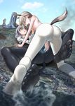  absurdres aircraft airplane animal_ears ass black_legwear blush breasts cameltoe cat_ears city cloud crotch_seam day destruction dirt eila_ilmatar_juutilainen entangled explosion feet fingering giantess green_eyes highres hte222 kneeling looking_at_another lying military military_vehicle multiple_girls ocean open_mouth pantyhose purple_eyes sanya_v_litvyak ship silver_hair sky small_breasts smoke soles spread_legs strike_witches tail topless underboob volcano warship water watercraft wet white_legwear world_witches_series yuri 