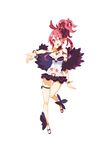  :d bracelet breasts cleavage crown disgaea feather_boa full_body harada_takehito highres jewelry large_breasts makai_senki_disgaea_5 miniskirt necktie official_art open_mouth pink_hair pointy_ears ponytail purple_eyes sandals seraphina_(disgaea) shoes short_hair skirt smile solo standing standing_on_one_leg white_background 