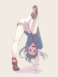  :d arm_support bandaged_arm bandages black_hair breasts hair_ribbon handstand hayami_ritsu hood hoodie kanbaru_suruga long_hair medium_breasts monogatari_(series) open_mouth owarimonogatari red_eyes ribbon shadow shoes shorts smile sneakers solo standing standing_on_one_leg tiptoes twintails upshorts upside-down 