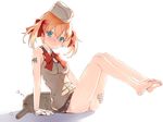  arm_support ass bad_id bad_pixiv_id barefoot blue_eyes blush bow bowtie feet full_body garrison_cap gloves hair_between_eyes hair_bow hat kuro_(kuronell) leaning_back legs_up long_hair looking_at_viewer orange_hair panzer_waltz parted_lips pleated_skirt red_bow red_neckwear sitting skirt sleeveless solo tattoo thigh_grab twintails white_background white_gloves zoe_sherman zzz 