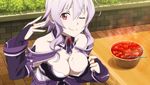  :_code_register breasts cleavage food game_cg large_breasts looking_at_viewer mole mole_on_breast official_art one_eye_closed purple_hair red_eyes smile solo strea sword_art_online sword_art_online:_hollow_fragment wet 