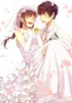  1girl bare_shoulders black_hair blush braid bridal_veil brown_hair carrying closed_eyes couple dress elbow_gloves freckles gloves good_end happy_tears hetero hukahire0313 juushimatsu's_girlfriend long_hair matsuno_juushimatsu md5_mismatch osomatsu-kun osomatsu-san petals princess_carry short_hair smile tears veil wedding_dress wristband 