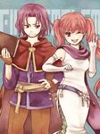  1girl :d bare_shoulders belly_chain book cape copyright_name dress elbow_gloves erk_(fire_emblem) fire_emblem fire_emblem:_rekka_no_ken gloves holding holding_book jewelry long_hair one_eye_closed open_mouth pink_hair purple_eyes scarf serra smile twintails v white_gloves yukaris 
