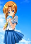  blue_eyes cloud day hands_together highres higurashi_no_naku_koro_ni official_art orange_hair rato ryuuguu_rena school_uniform serafuku short_hair skirt sky solo 