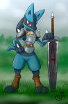  2018 3_fingers 3_toes ambiguous_gender ankle_wraps anthro armor belt biped black_fur blue_ears blue_fur blue_tail bottomless canine clothed clothing digitigrade featureless_crotch frown full-length_portrait fur gloves_(marking) looking_at_viewer lucario mammal markings melee_weapon multicolored_fur nintendo pauldron plate_armor poethewondercat pok&eacute;mon pok&eacute;mon_(species) portrait red_eyes short_tail solo spikes standing sword toes two_tone_fur video_games weapon 