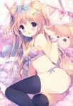  absurdres animal_ears bear_ears black_legwear bra brown_hair highres long_hair looking_at_viewer open_mouth original panties pink_bra pink_panties purple_eyes shiratama_(shiratamaco) solo stuffed_animal stuffed_toy teddy_bear thighhighs underwear underwear_only 