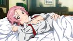  :_code_register bed breasts cleavage game_cg indoors lisbeth looking_at_viewer lying medium_breasts official_art on_back open_clothes open_shirt pillow pink_hair red_eyes shirt smile solo sword_art_online sword_art_online:_hollow_fragment 