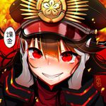  black_hair check_translation chromatic_aberration family_crest fate_(series) gloves grin hat koha-ace long_hair military military_uniform oda_nobunaga_(fate) oda_uri rangsiwut_sangwatsharakul red_eyes saliva shako_cap smile solo tears translation_request uniform upper_body 