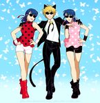  2girls adrien_agreste blonde_hair blue_hair chat_noir clone dual_persona formal gangnam_style ladybug_(character) marinette_dupain-cheng meme miraculous_ladybug multiple_girls necktie parody piku-chan psy suit sunglasses 