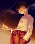  bangoul black_hair blood blood_on_face cigarette clothes_around_waist cowboy_shot evil_smile gradient gradient_background hand_in_pocket jacket_around_waist male_focus matsuno_osomatsu osomatsu-kun osomatsu-san red_eyes smile smoking solo 