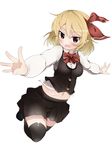  :d belly black_legwear blonde_hair blush breasts collared_shirt fangs hair_ribbon highres hips impossible_clothes looking_at_viewer medium_breasts navel open_mouth outstretched_arms pointy_ears red_eyes ribbon rumia shirt short_hair skirt smile smug solo takashi_(nekoro) thighhighs touhou tsurime undersized_clothes v-shaped_eyebrows vest 