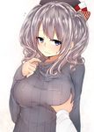  akky_(akimi1127) alternate_costume bangs beret blue_eyes blush breast_grab breasts collar_tug deep_skin grabbing hat highres kantai_collection kashima_(kantai_collection) large_breasts looking_at_viewer nervous pov ribbed_sweater shirt sidelocks silver_hair simple_background solo_focus sweatdrop sweater tareme taut_clothes taut_shirt turtleneck twintails upper_body wavy_hair wavy_mouth white_background 