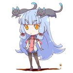  animal animal_on_head bad_id bad_twitter_id blue_hair cat cat_on_head chibi commentary fudeyama_(fudeco) gloves hair_ribbon jpeg_artifacts kantai_collection long_hair murakumo_(kantai_collection) necktie on_head orange_eyes pantyhose paw_print pose remodel_(kantai_collection) ribbon sidelocks simple_background solo thighband_pantyhose too_literal very_long_hair white_background 