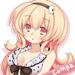  bikini blonde_hair blush character_name compa front-tie_bikini front-tie_top hair_ornament hairband long_hair lowres meimu_(infinity) neptune_(series) polka_dot polka_dot_bikini solo swimsuit white_bikini 