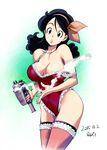  2015 2016 bangs bare_shoulders black_eyes black_hair bow breasts chestnut_mouth cleavage collarbone convenient_censoring covered_navel cowboy_shot curly_hair dated dragon_ball dragon_ball_(classic) finger_on_trigger frills garters gun hair_between_eyes hair_bow hairband holding holding_gun holding_weapon konkitto large_breasts leotard long_hair lunch_(dragon_ball) nail_polish pink_nails red_leotard smoke smoking_gun solo strap_gap strap_slip surprised swept_bangs thighhighs weapon 