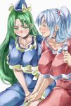  ^_^ blush breasts capelet choker closed_eyes commentary_request green_eyes green_hair hair_bobbles hair_ornament hat large_breasts long_hair matching_outfit mima multiple_girls open_mouth shinki side_ponytail silver_hair skirt smile touhou touhou_(pc-98) underboob yohane 